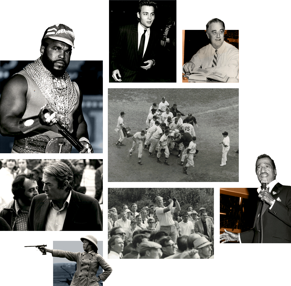 Collage of historical black and white photos featuring prominent figures and moments, including a man dressed as a warrior, a singer, a man in a suit, a woman protesting with a speaker, a group of people at a baseball game, a speaker with a microphone, and a female soldier aiming a rifle.