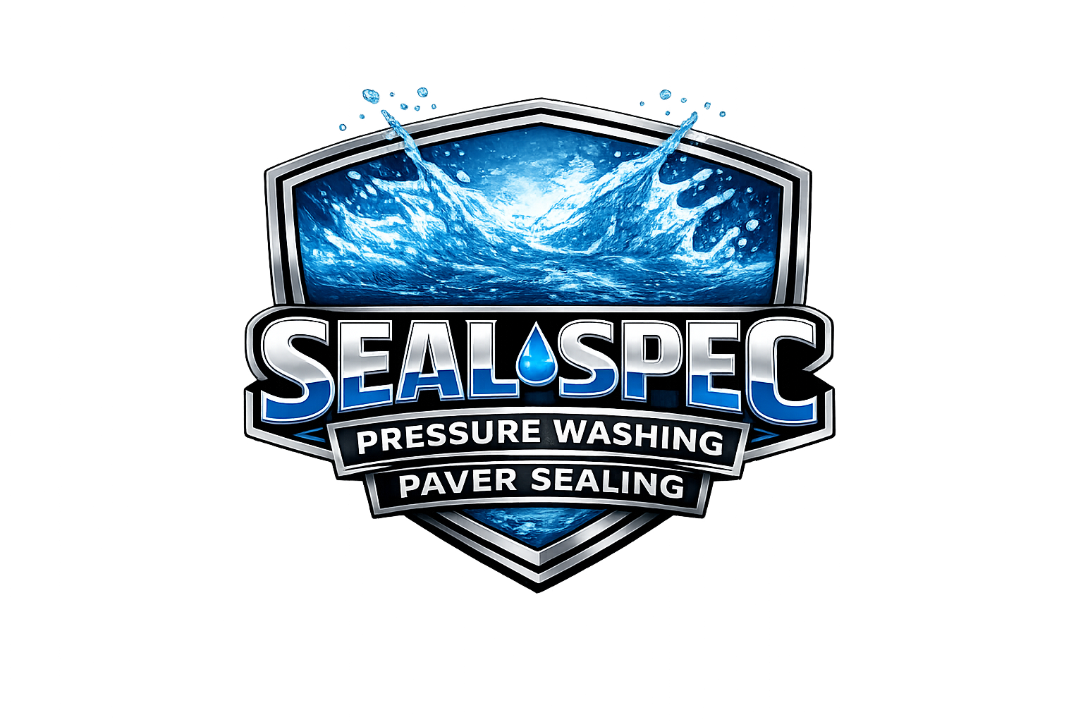 Logo for SealSpec pressure washing and paver sealing company, featuring a shield with water splash graphics and the text 'SealSpec' with a water droplet, and the words 'Pressure Washing' and 'Paver Sealing' below.