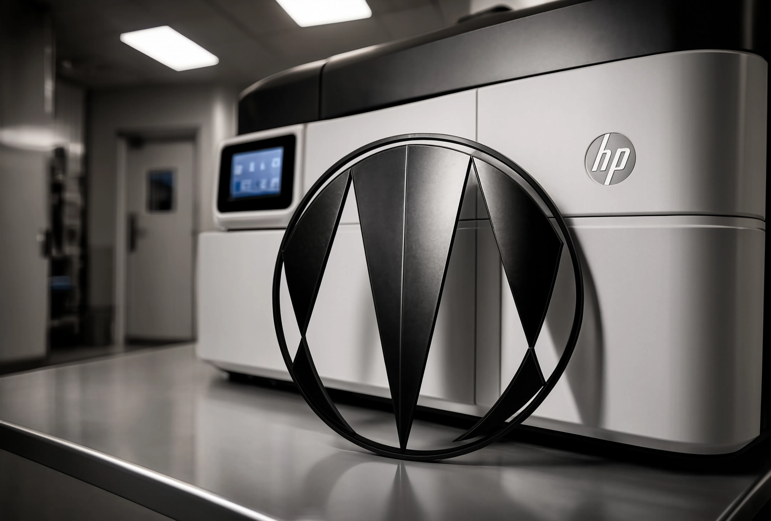 Printed Black MakeUnique logo placed on the front of an HP 3D Printer
