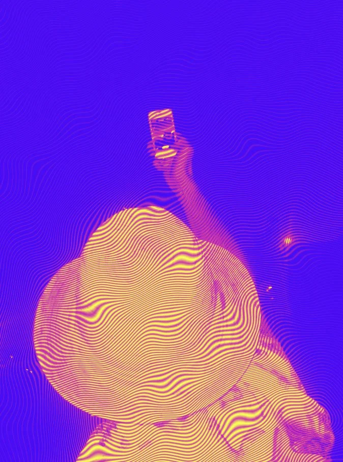 Person taking a mirror selfie with a smartphone, with a distorted, colorful digital effect and neon purple background.