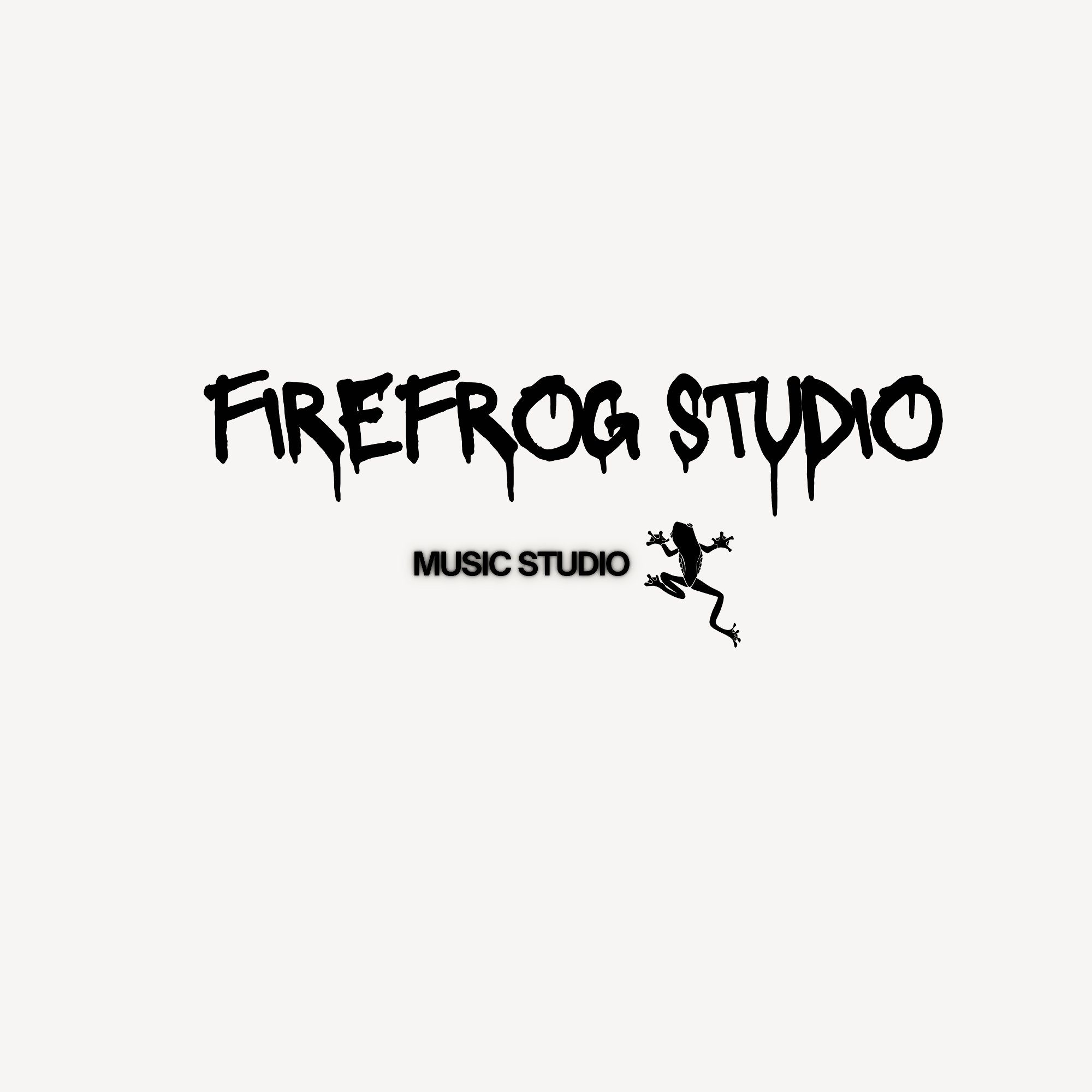 Black text reads 'FIREFROG STUDIO' with extra letters dripping down, and below it says 'MUSIC STUDIO' next to a silhouette of a frog on a lily pad with its arms and legs spread out, on a light gray background.