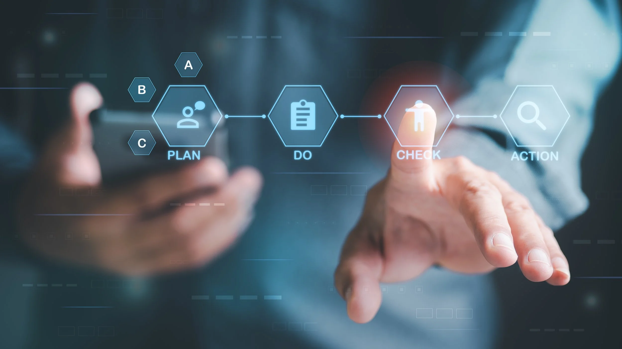 A person pointing at a digital flowchart representing the PDCA cycle with steps: Plan, Do, Check, Action.