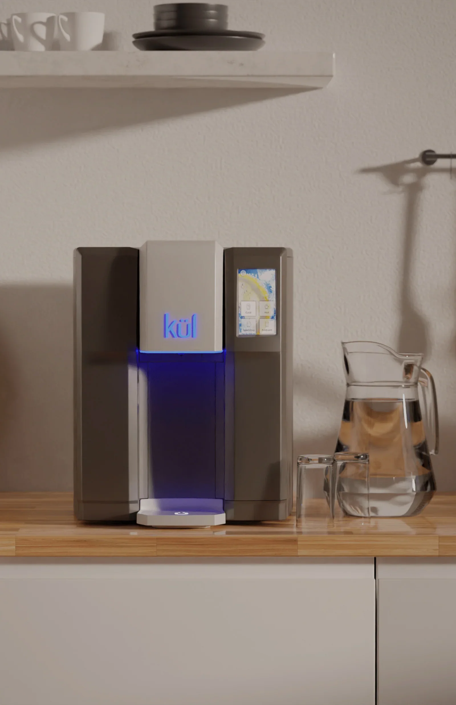 A modern water dispenser on a wooden countertop next to a glass pitcher and a glass cup, with a white wall in the background.