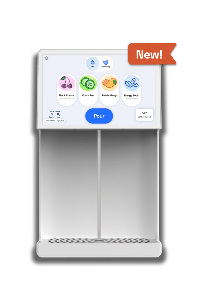 A beverage dispenser with a touchscreen interface displaying various flavor options, including black cherry, cucumber, peach mango, and energy boost, with a large blue 'Pour' button and a red 'New!' banner in the top right corner.