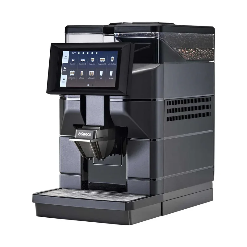 A black commercial coffee machine with a touchscreen display and coffee beans in the top container.