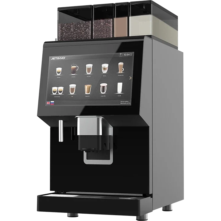 A modern coffee vending machine with a digital touchscreen interface displaying various coffee options and containers of coffee beans or powders on top.