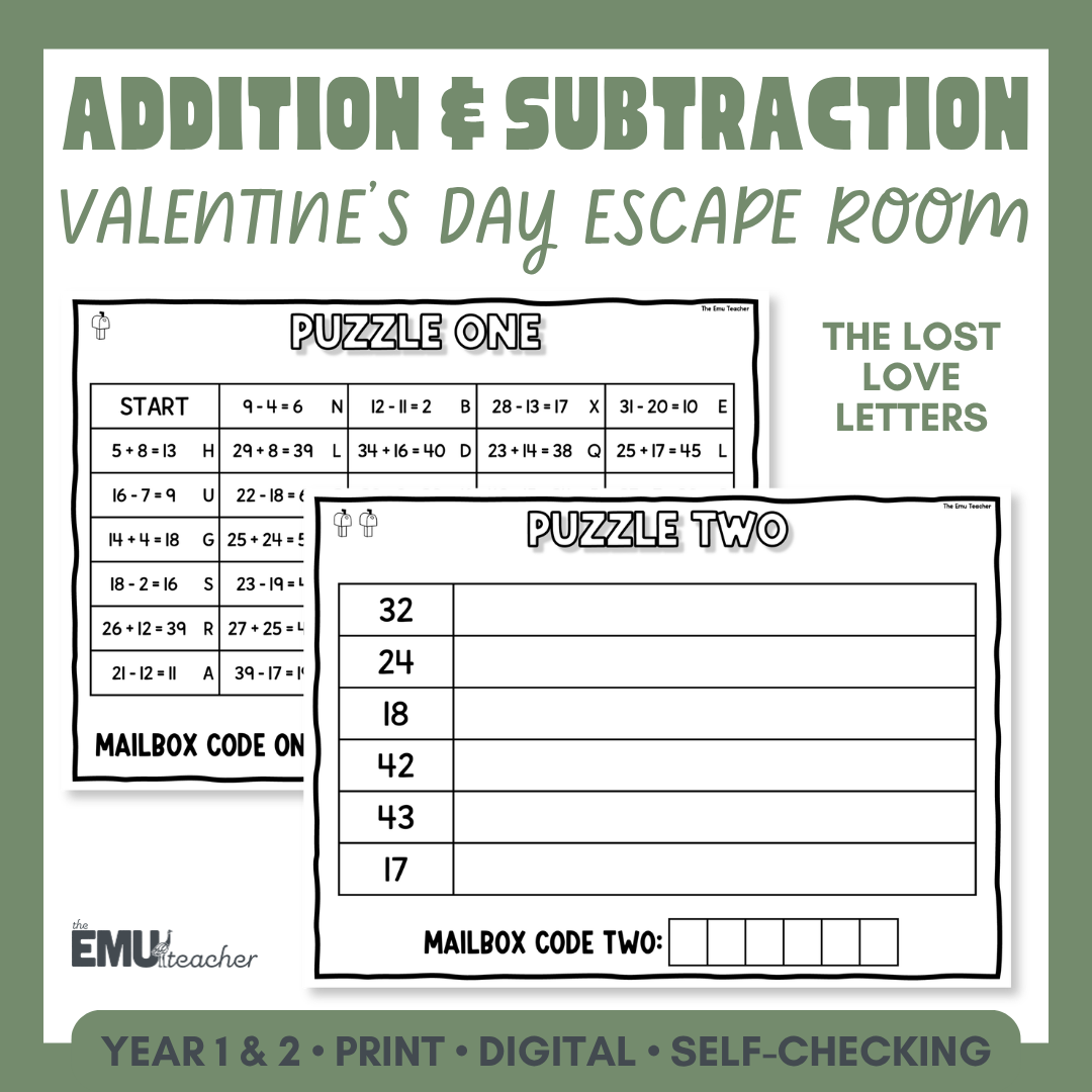 Valentine's Day Addition & Subtraction Escape Room | Year 1 & 2