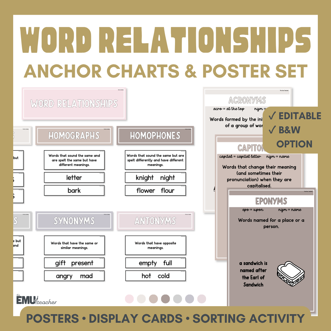 Word Relationships Vocabulary Anchor Chart & Poster Set | Neutrals