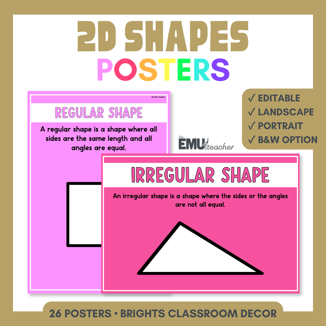 2D Shapes Geometry Posters | Shape Properties, Features & Vocabulary | Brights