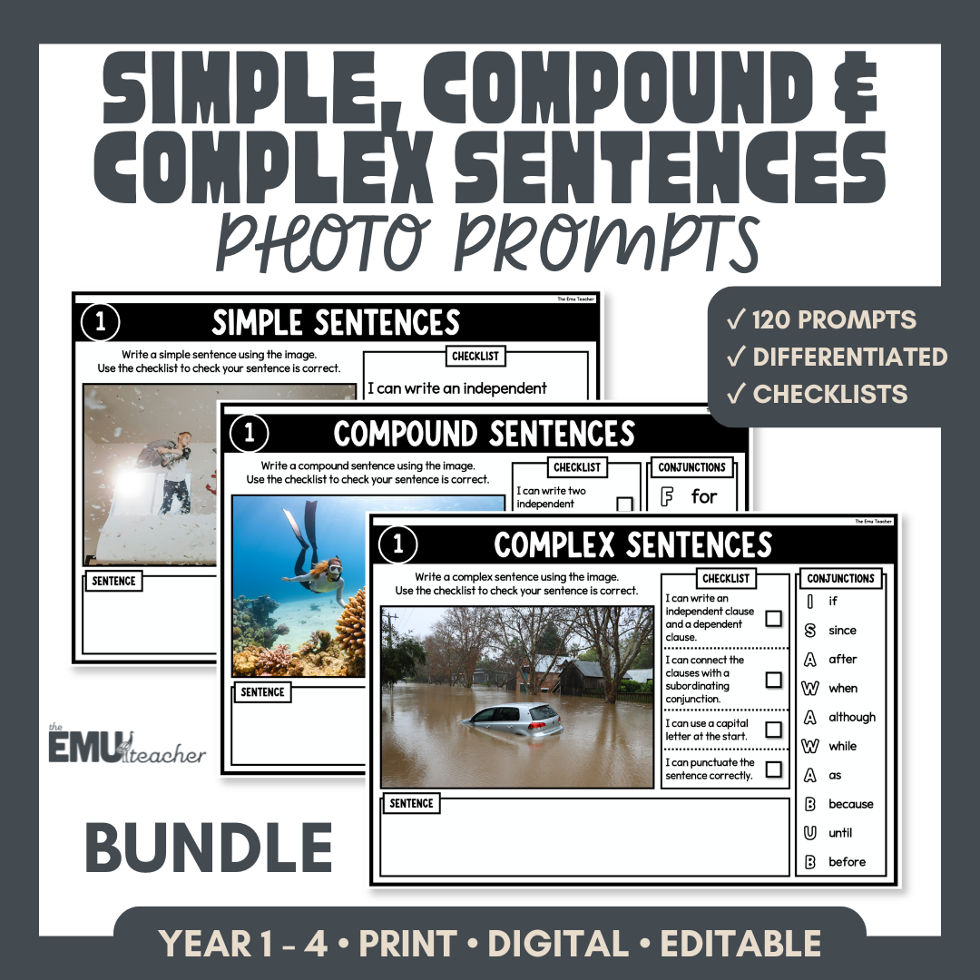 Sentence Writing Photo Prompts Bundle | Simple, Compound & Complex Sentences