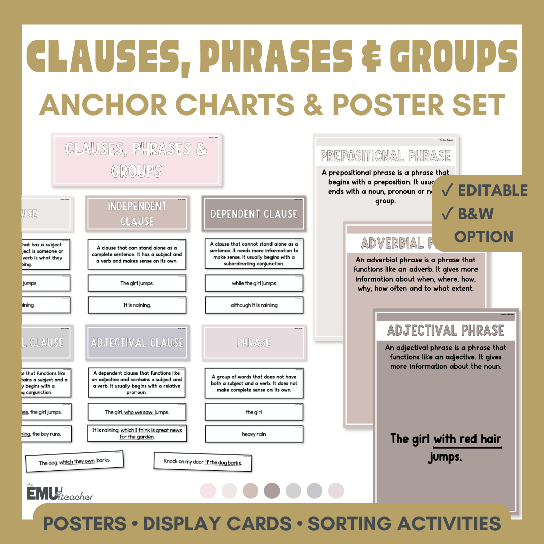 Clauses, Phrases & Groups Anchor Chart & Poster Set | Neutrals