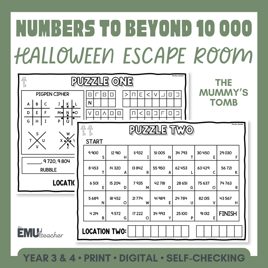 Halloween Math Escape Room | Numbers To Beyond 10 000 Place Value | AC9M3N01