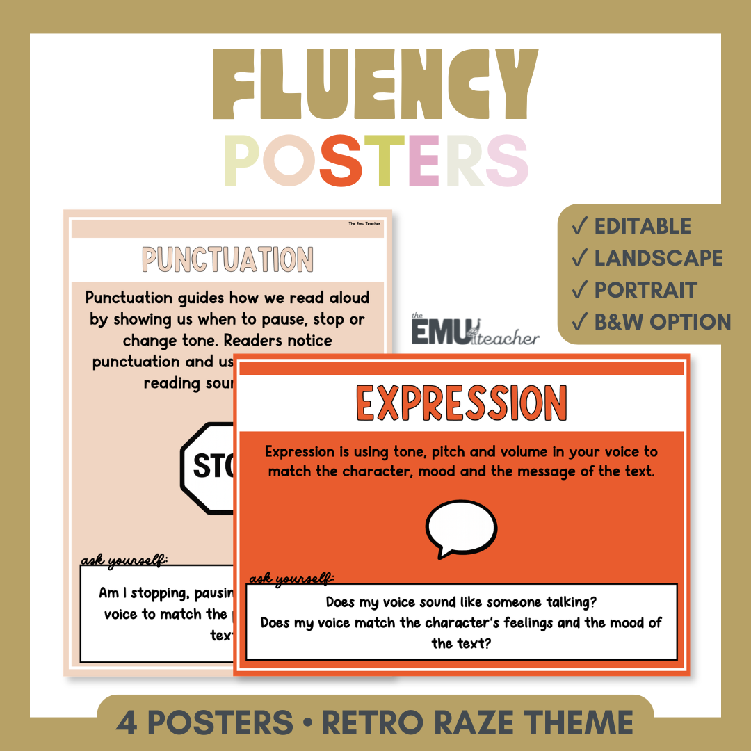 Reading Fluency Posters | Accuracy, Rate, Expression & Punctuation | Retro Raze