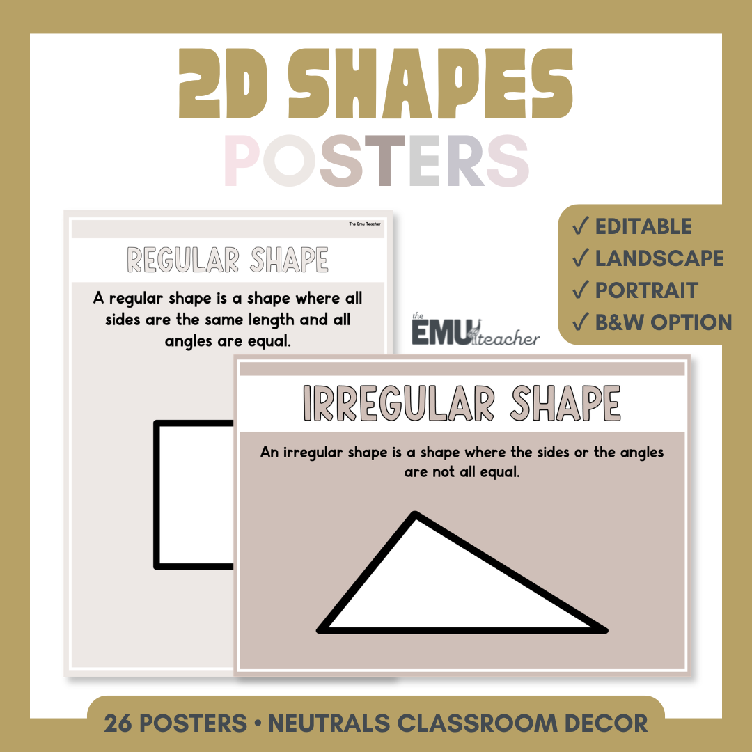 2D Shapes Geometry Posters | Shape Properties, Features & Vocabulary | Neutrals