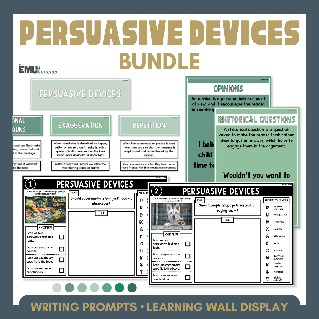 Persuasive Devices Bundle | Persuasive Writing Prompts & Learning Wall Display