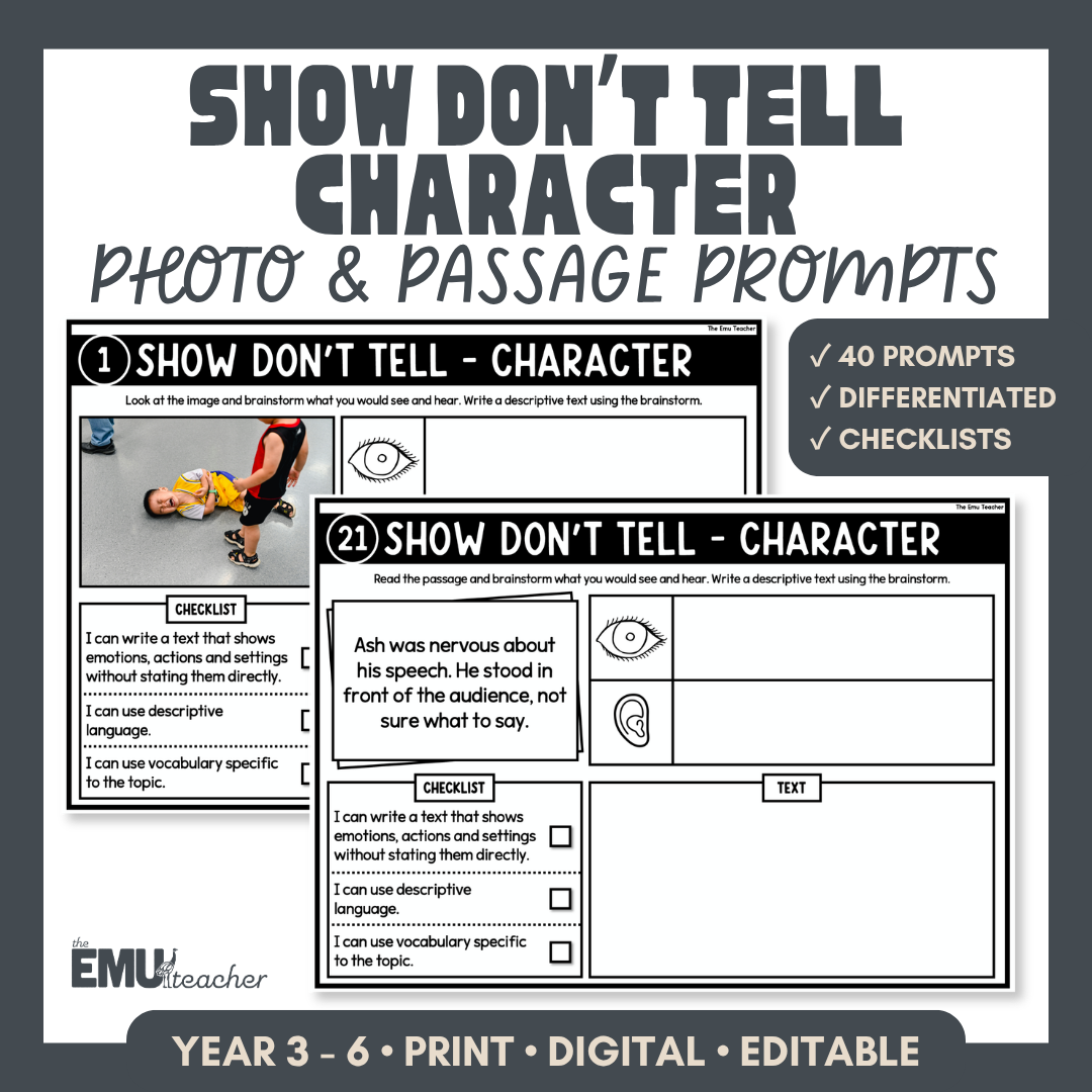Show Don't Tell Character Picture & Passage Prompt Cards