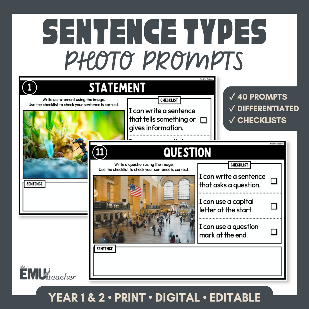 Sentence Types Writing Photo Prompts | Statements, Questions, Exclamations & Commands