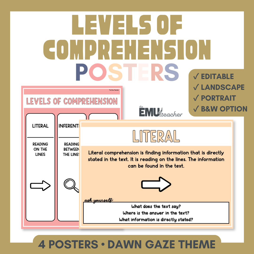 Levels of Comprehension Posters | Literal, Inferential & Evaluative | Dawn Gaze