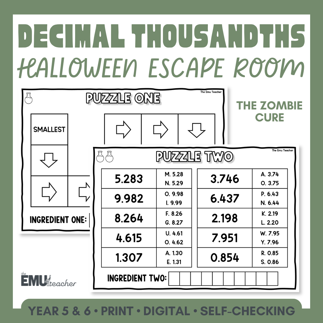 Halloween Decimal Thousandths Place Value Escape Room