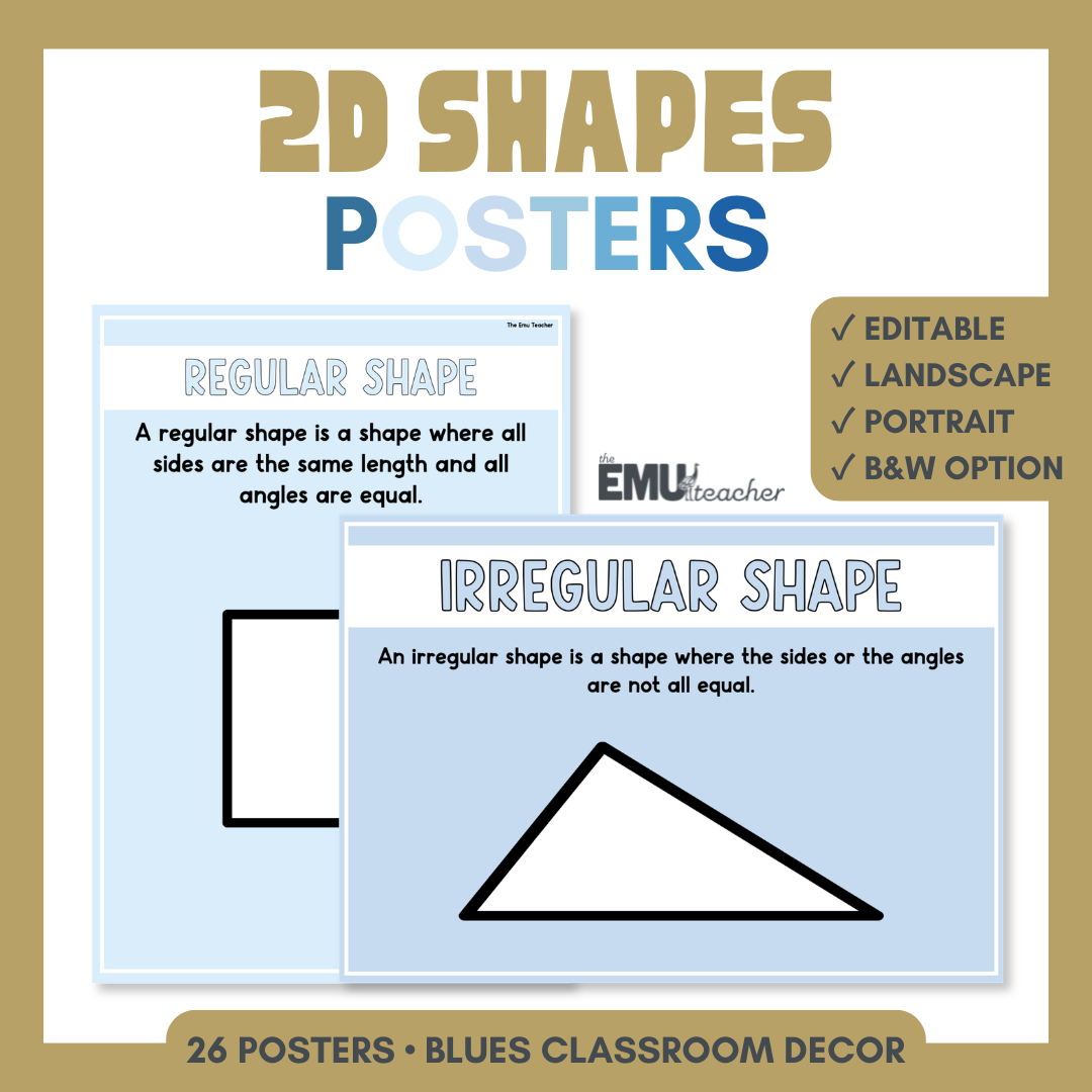 2D Shapes Geometry Posters | Shape Properties, Features & Vocabulary | Blues