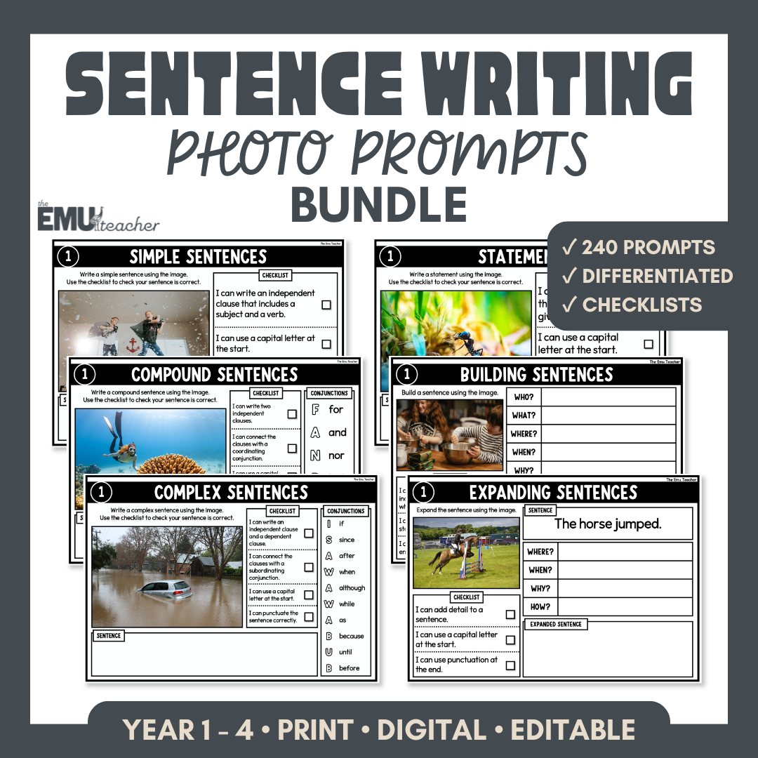 Sentence Writing Photo Prompt Bundle | Sentence Structure, Grammar & Punctuation