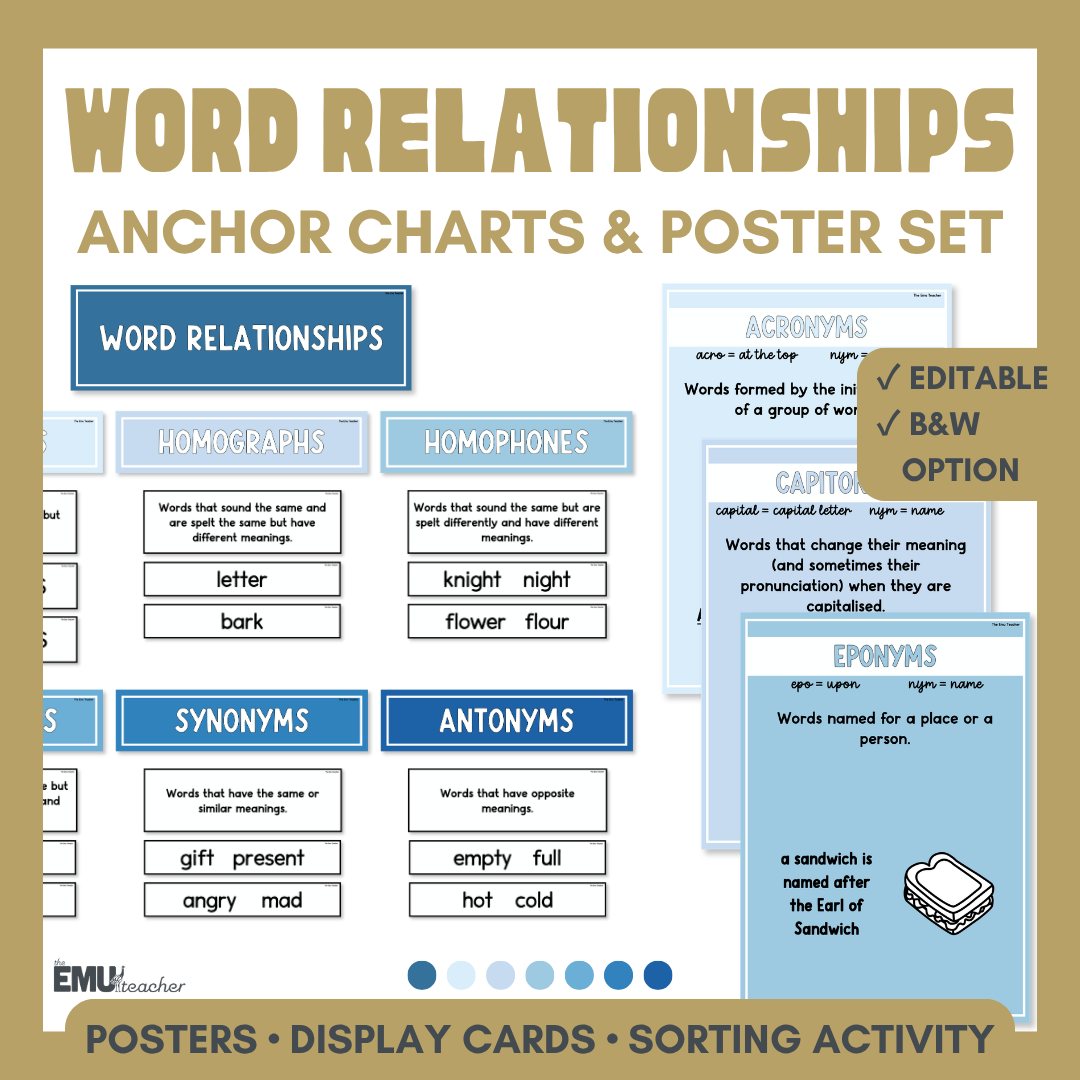 Word Relationships Vocabulary Anchor Chart & Poster Set | Blues