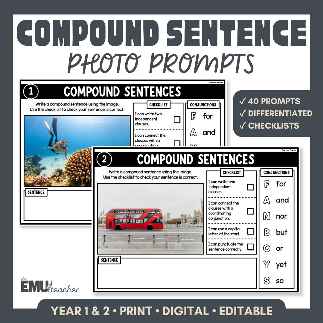 Compound Sentence Writing Photo Prompts | Sentence Structure & Grammar