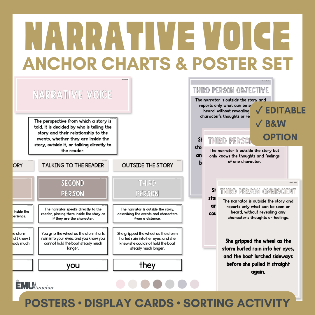 Narrative Voice & Point Of View Anchor Chart & Poster Set | Neutrals