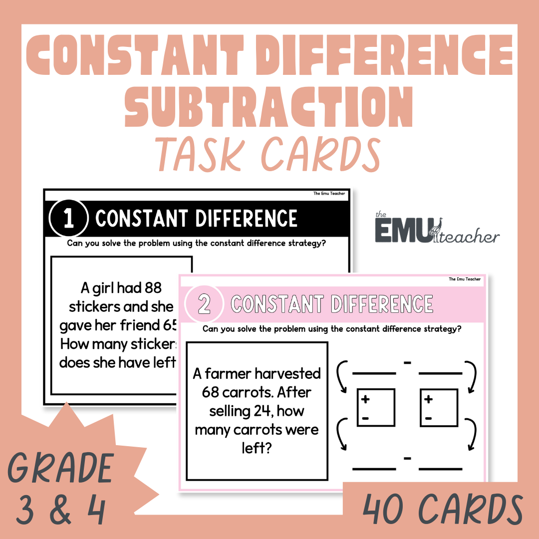 Subtraction 2- & 3-Digit Constant Difference Word Problem Task Cards