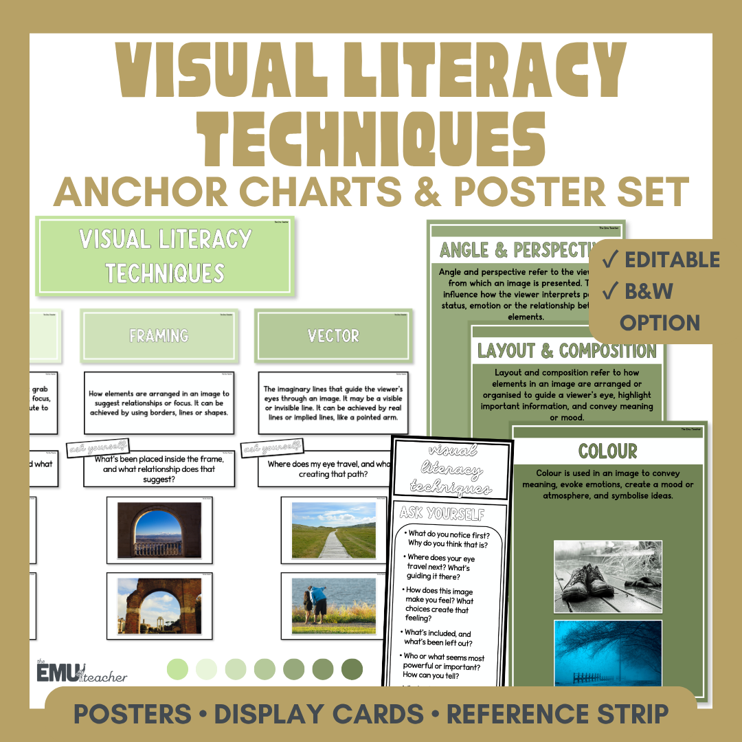 Visual Literacy Techniques Anchor Chart & Poster Set | Greens