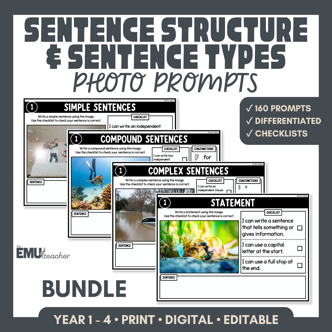 Sentence Writing Photo Prompts Bundle | Simple, Compound, Complex & Types