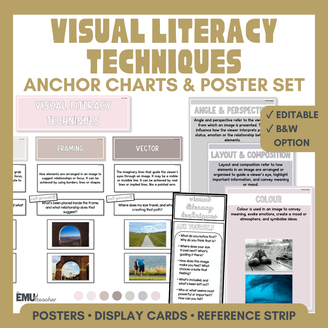 Visual Literacy Techniques Anchor Chart & Poster Set | Neutrals