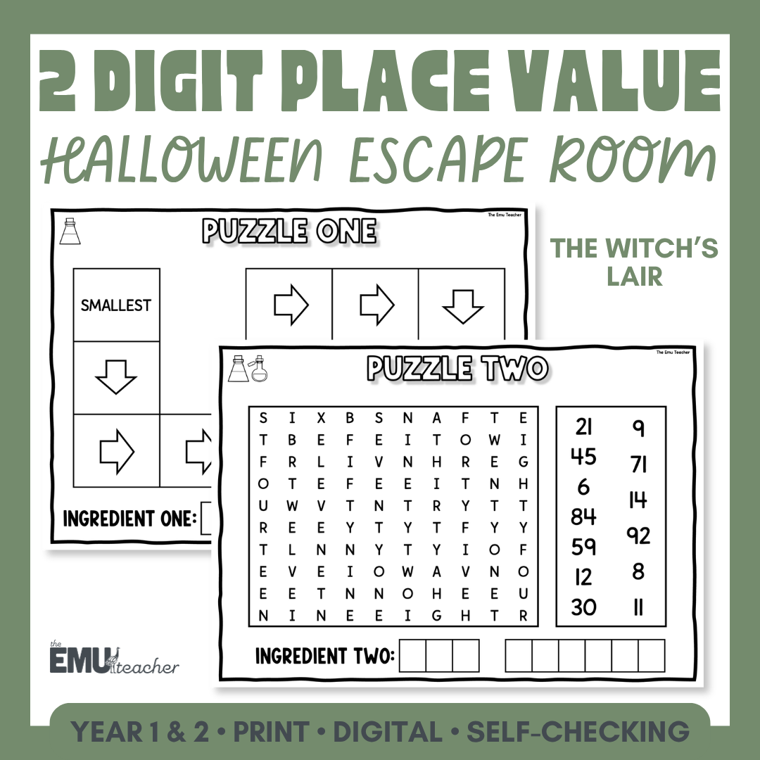 Halloween Math Escape Room | 2-Digit Place Value | AC9M1N01 & AC9M1N02