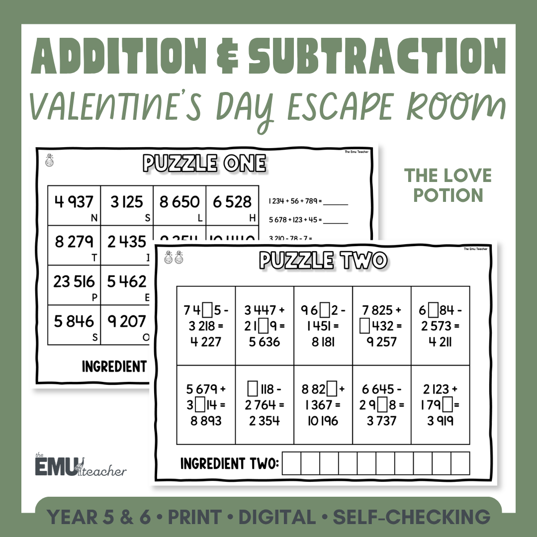 Valentine's Day Addition & Subtraction Escape Room | Year 5 & 6