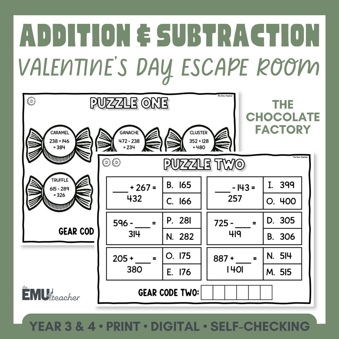 Valentine's Day Addition & Subtraction Escape Room | Year 3 & 4