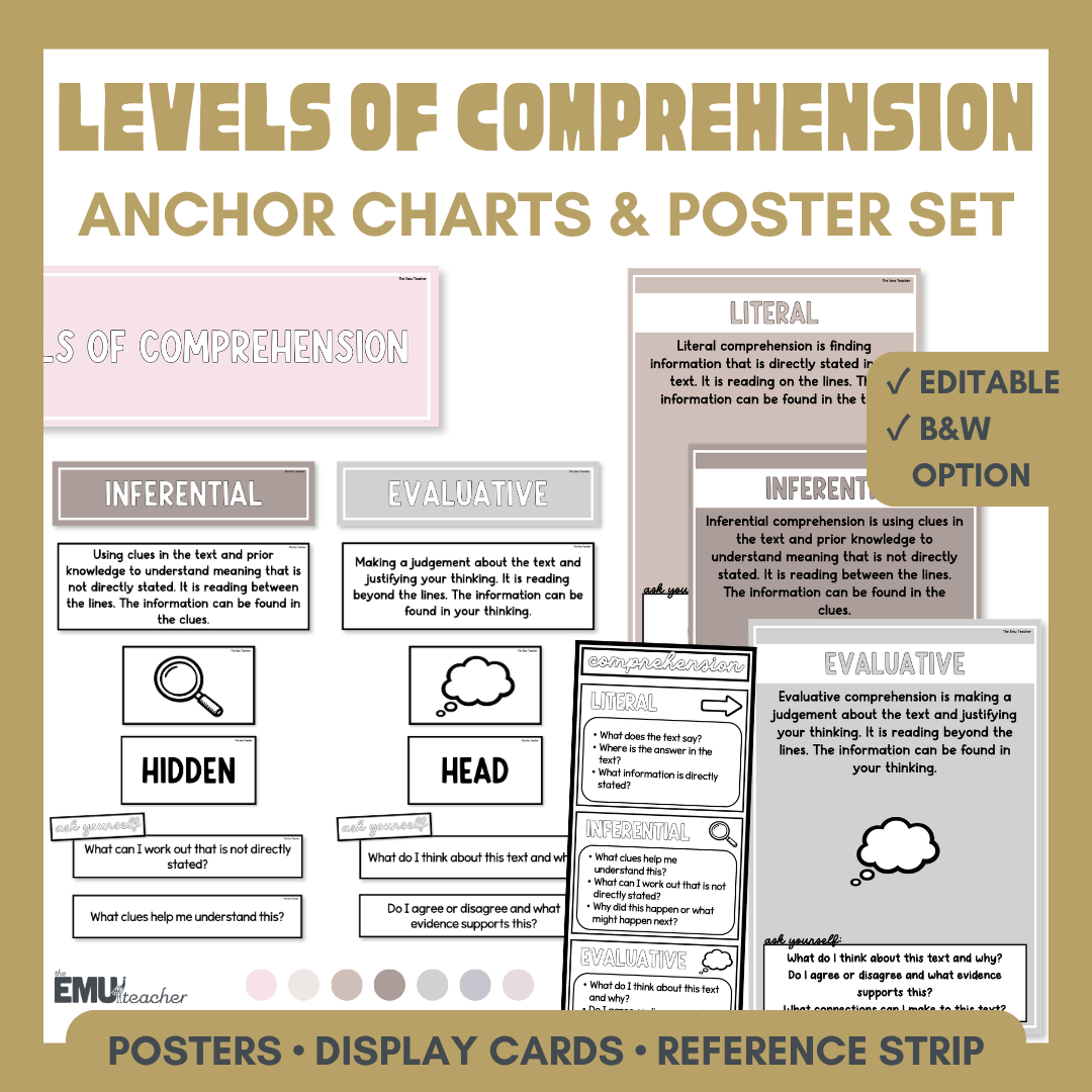 Levels Of Comprehension Anchor Chart & Poster Set | Neutrals