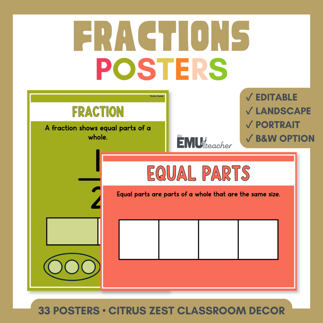 Fractions Posters | Vocabulary & Concepts Anchor Charts | Citrus Zest