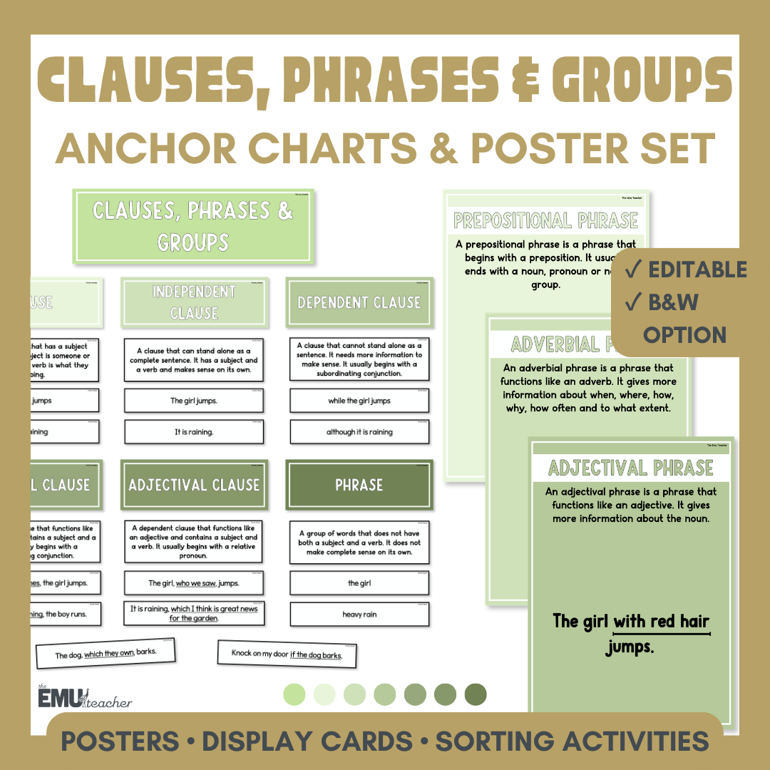 Clauses, Phrases & Groups Anchor Chart & Poster Set | Greens