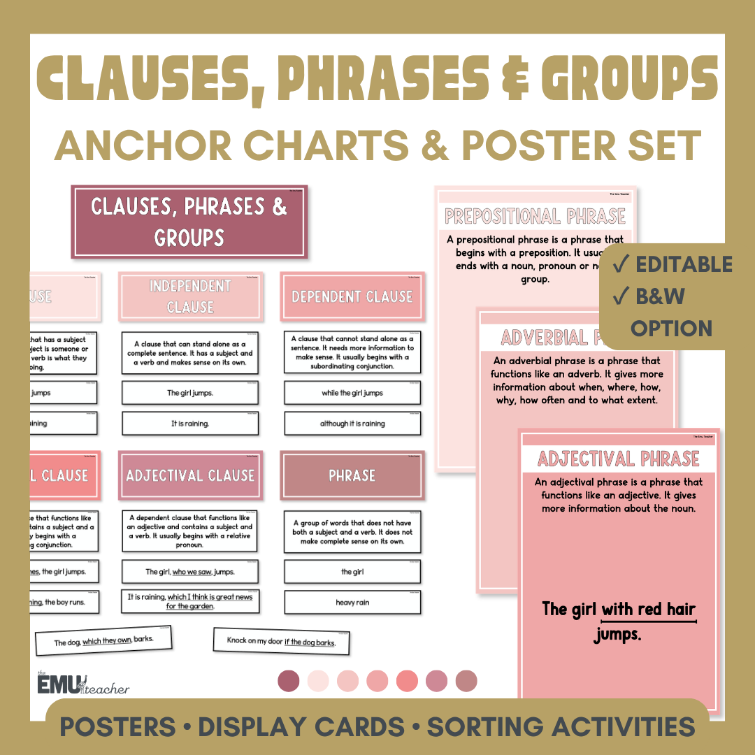 Clauses, Phrases & Groups Anchor Chart & Poster Set | Rosy Haze
