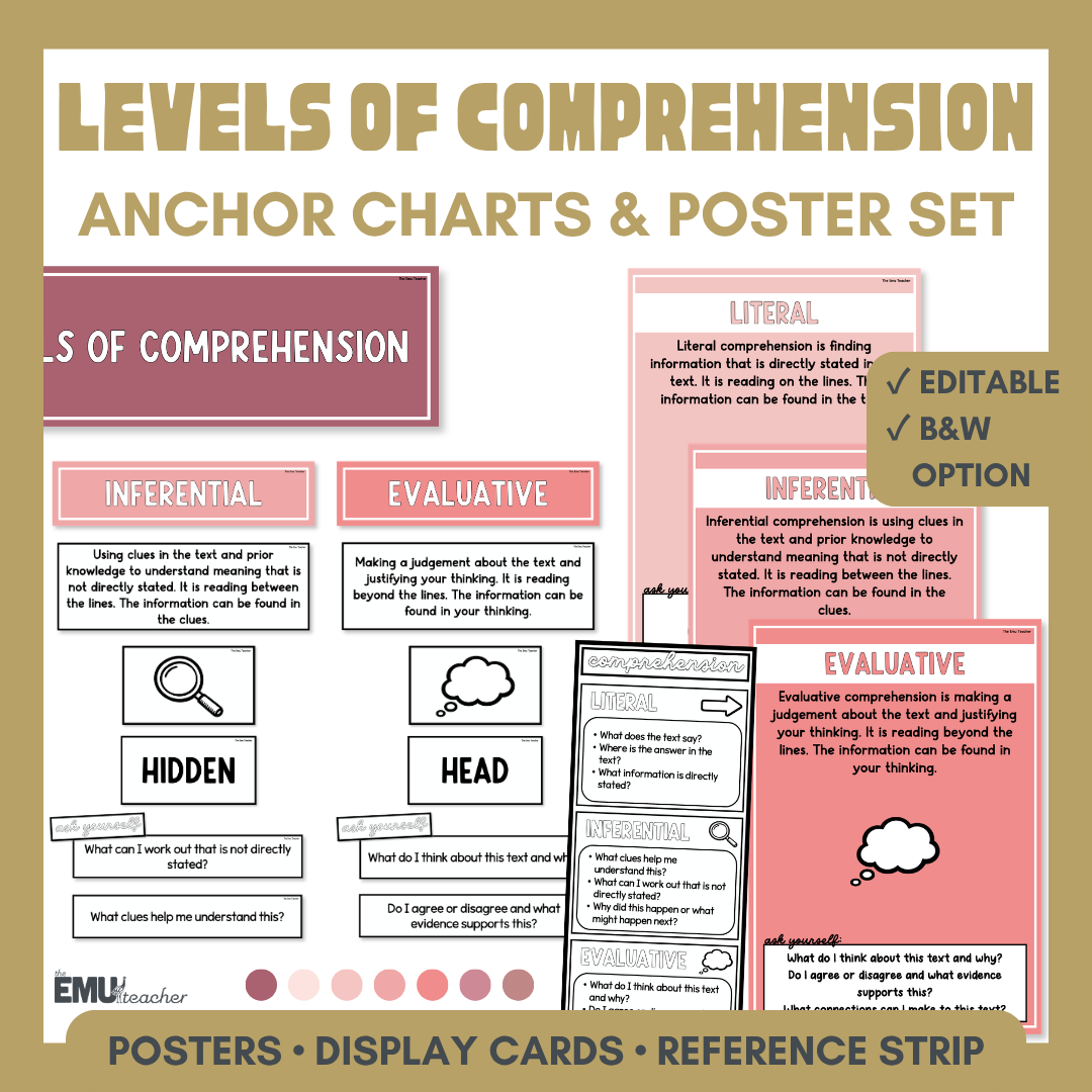 Levels Of Comprehension Anchor Chart & Poster Set | Rosy Haze