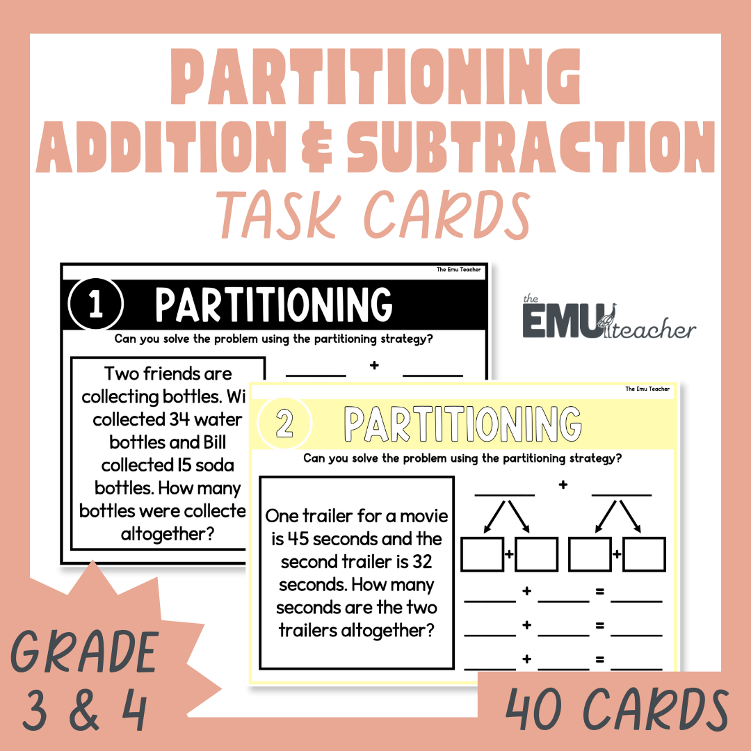 Addition & Subtraction 2- & 3-Digit Partitioning Word Problem Task Cards