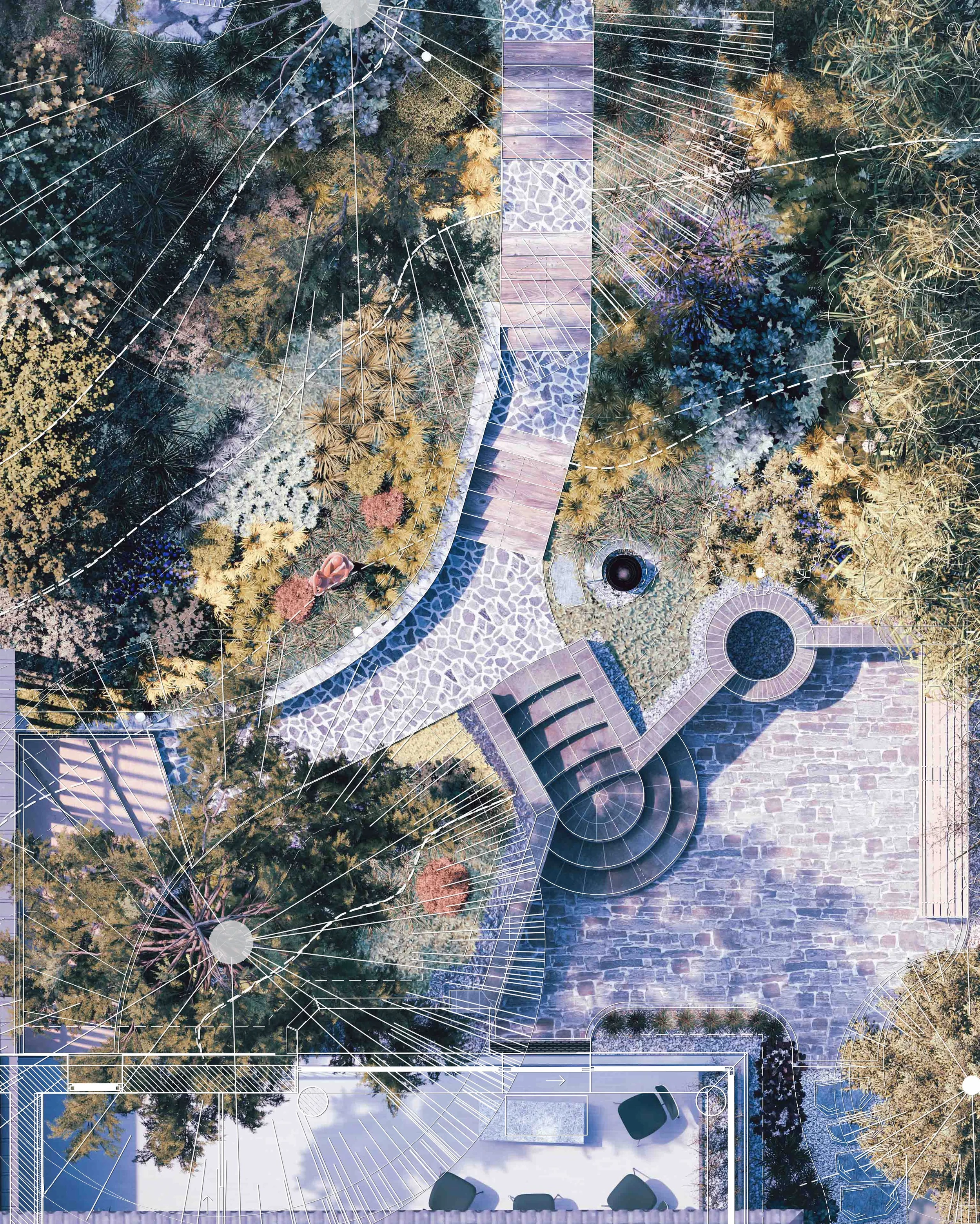 Aerial view of a landscaped garden with curving pathways, stairs, plants, and trees, overlaid with white architectural lines and design markings.
