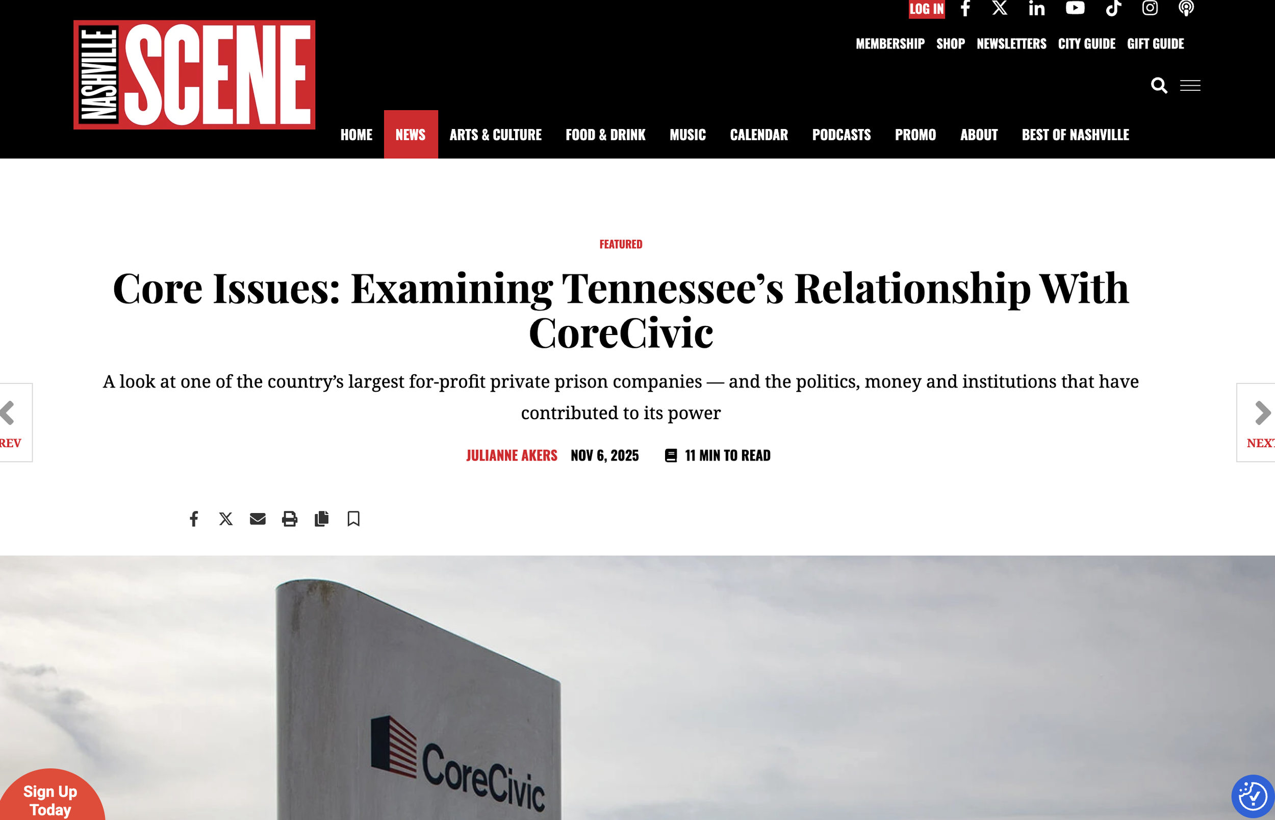Nashville Scene article covering Tennessee prison reform and CoreCivic oversight