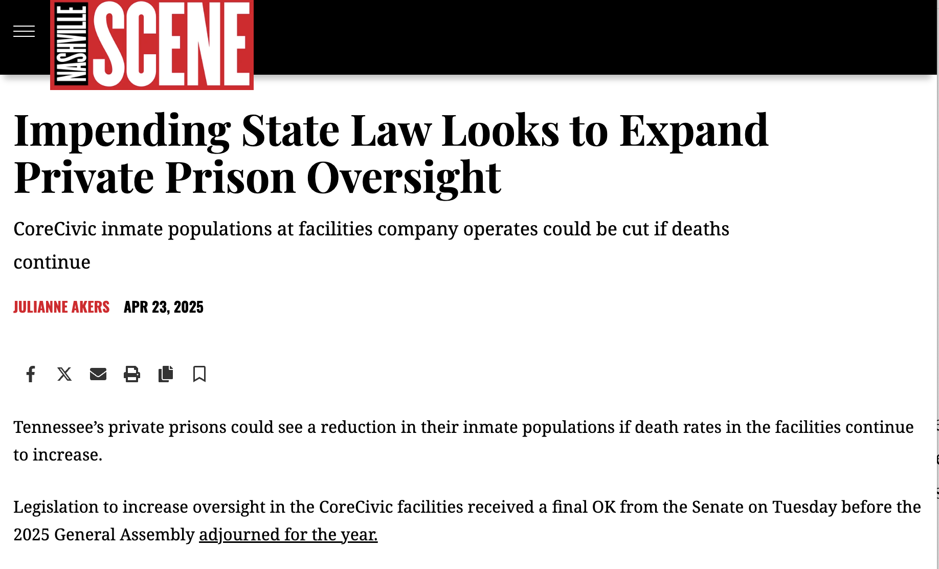 News article discussing Tennessee legislation to expand private prison oversight