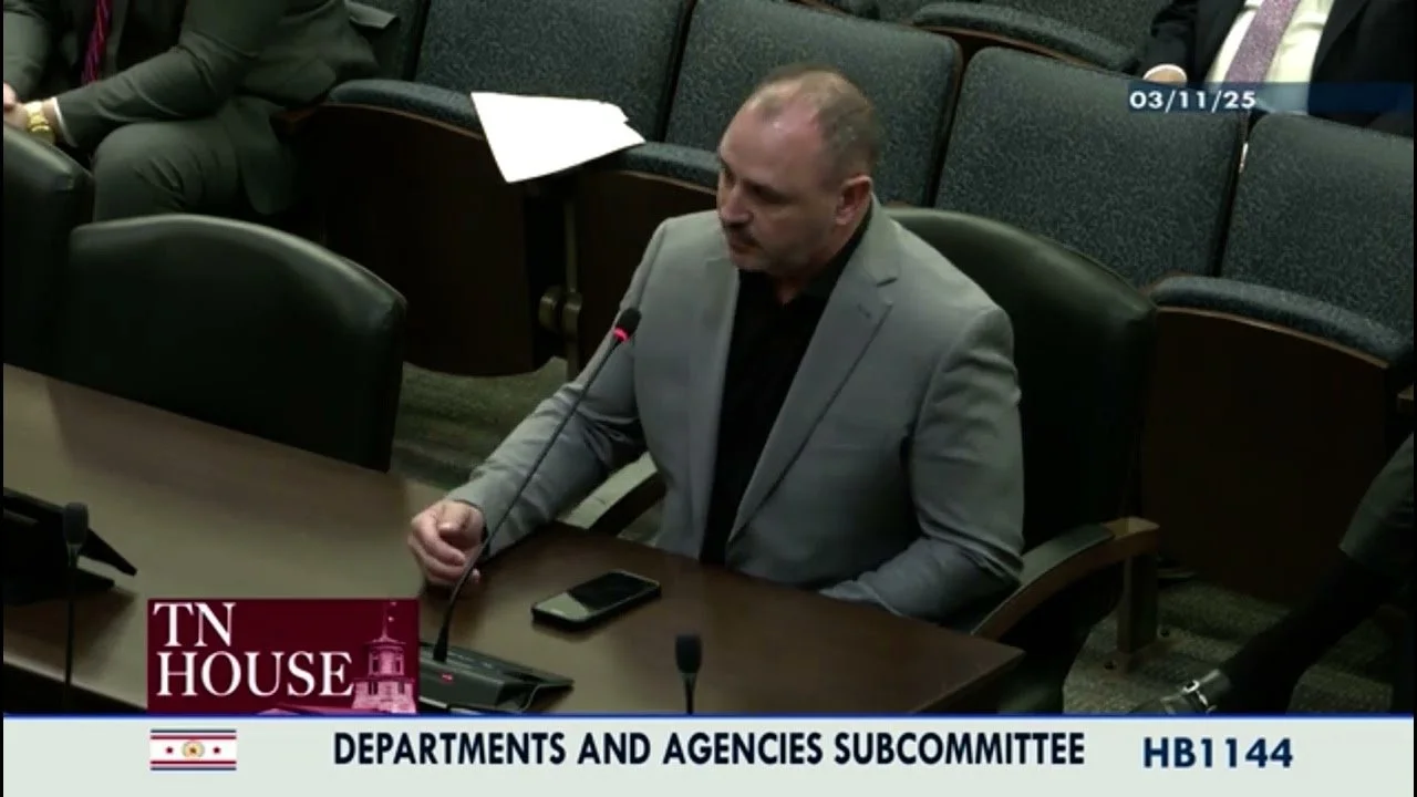 Tim Leeper speaking at Tennessee legislative hearing advocating for prison reform