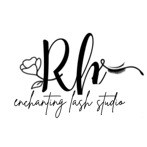 Logo for Rha enchanting lash studio with a rose flower, a stylized eyelash, and elegant script text.