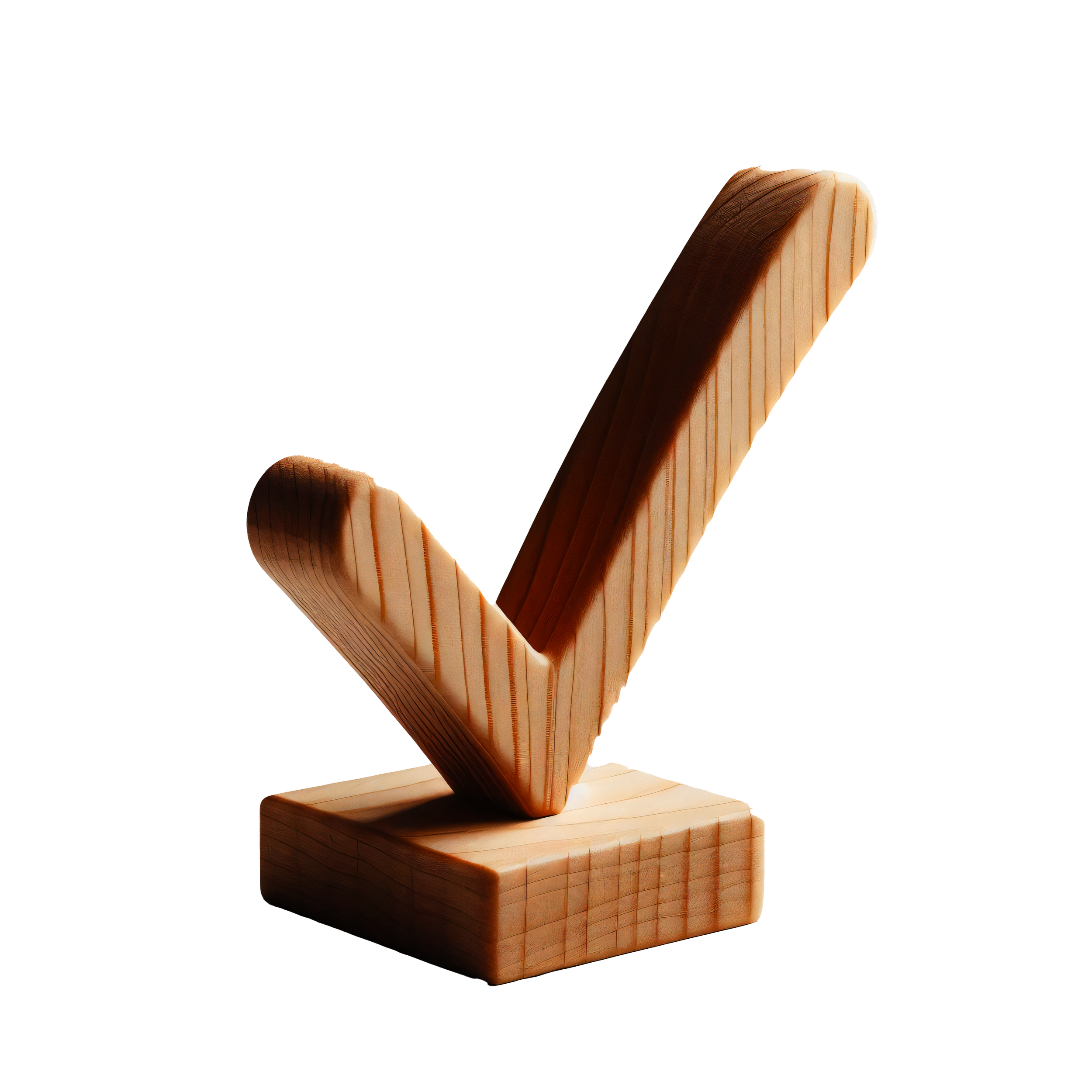 Une grande marqueur de vérification en bois avec une base carrée en bois, légèrement surélevée, placé sur un fond noir.