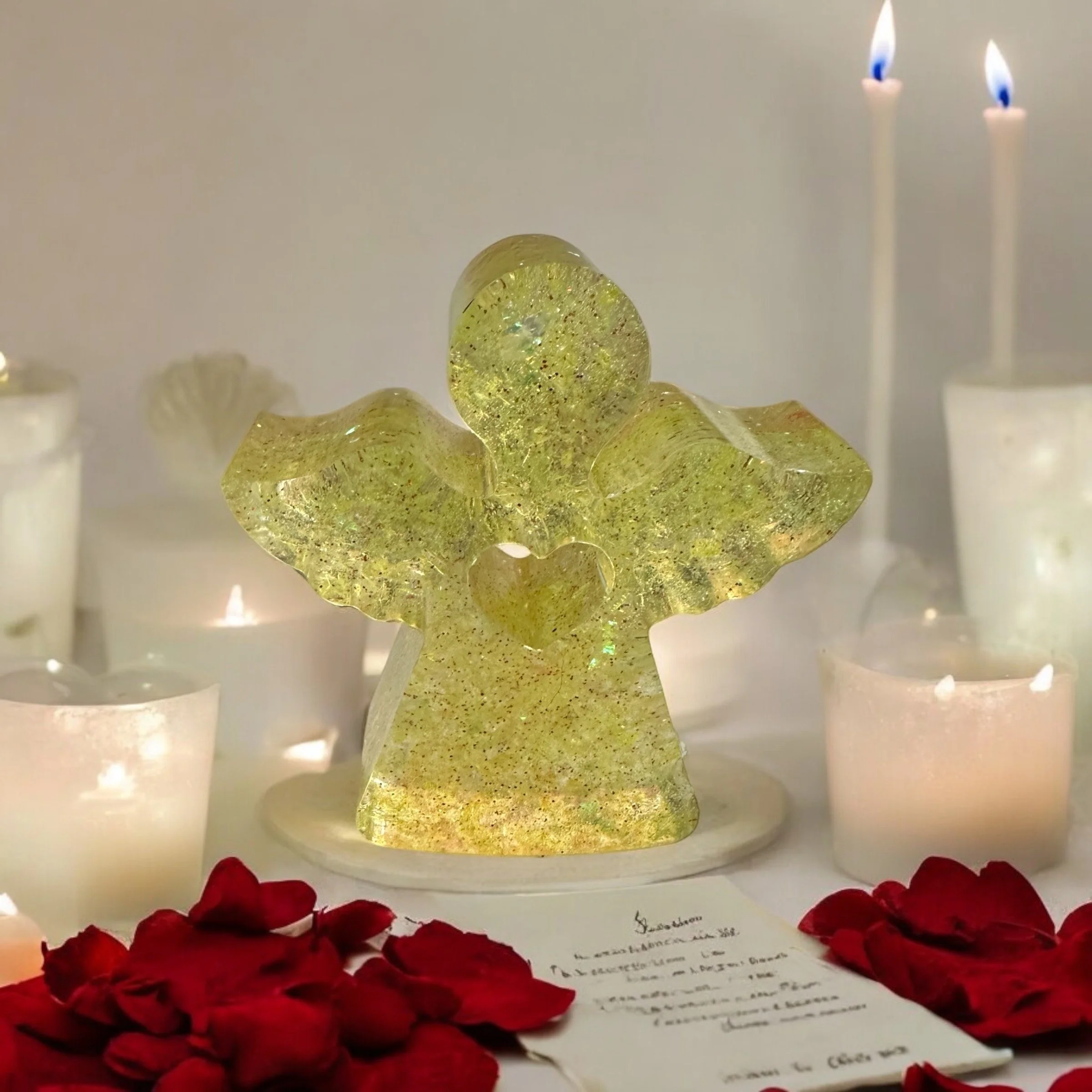 A glittery angel figurine made of translucent material with a heart on its chest, surrounded by white candles and red rose petals.