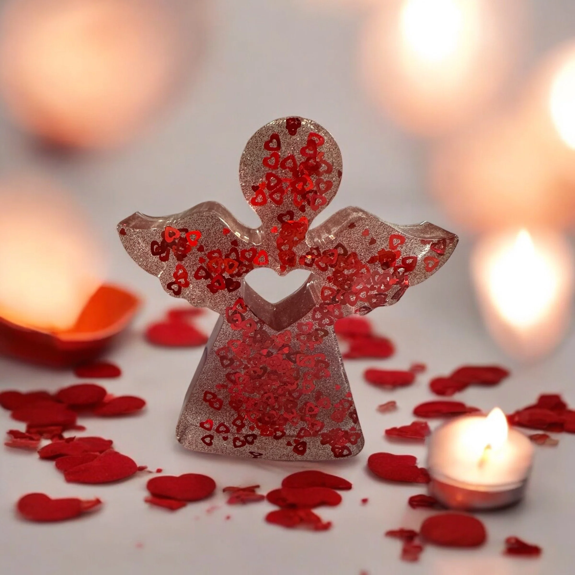 Transparent angel figurine decorated with red heart-shaped confetti, surrounded by scattered red heart confetti and small lit tea candles, photo taken in warm lighting.