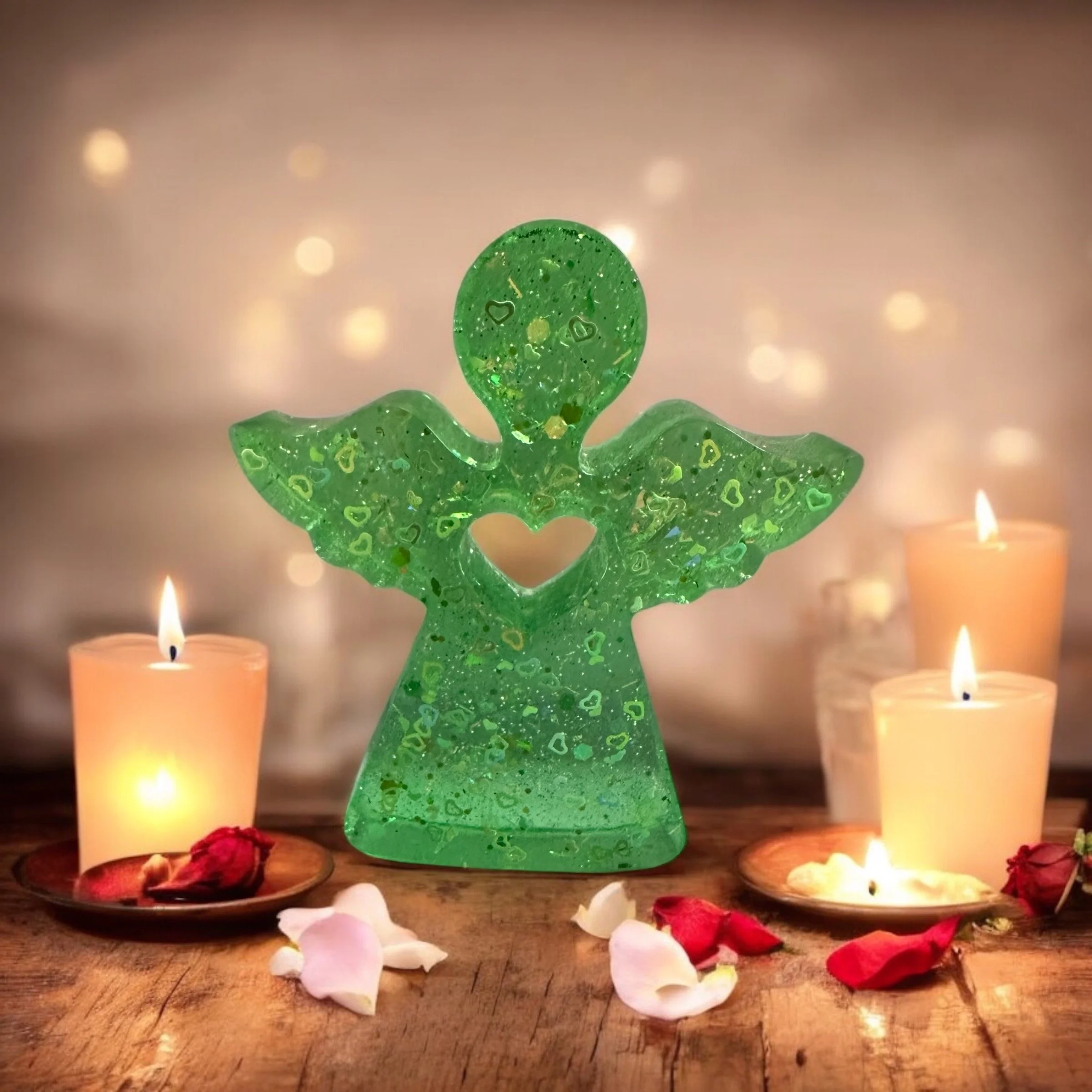 A green glass angel figurine with a heart-shaped cutout in the chest, surrounded by four lit candles and scattered flower petals on a wooden surface.